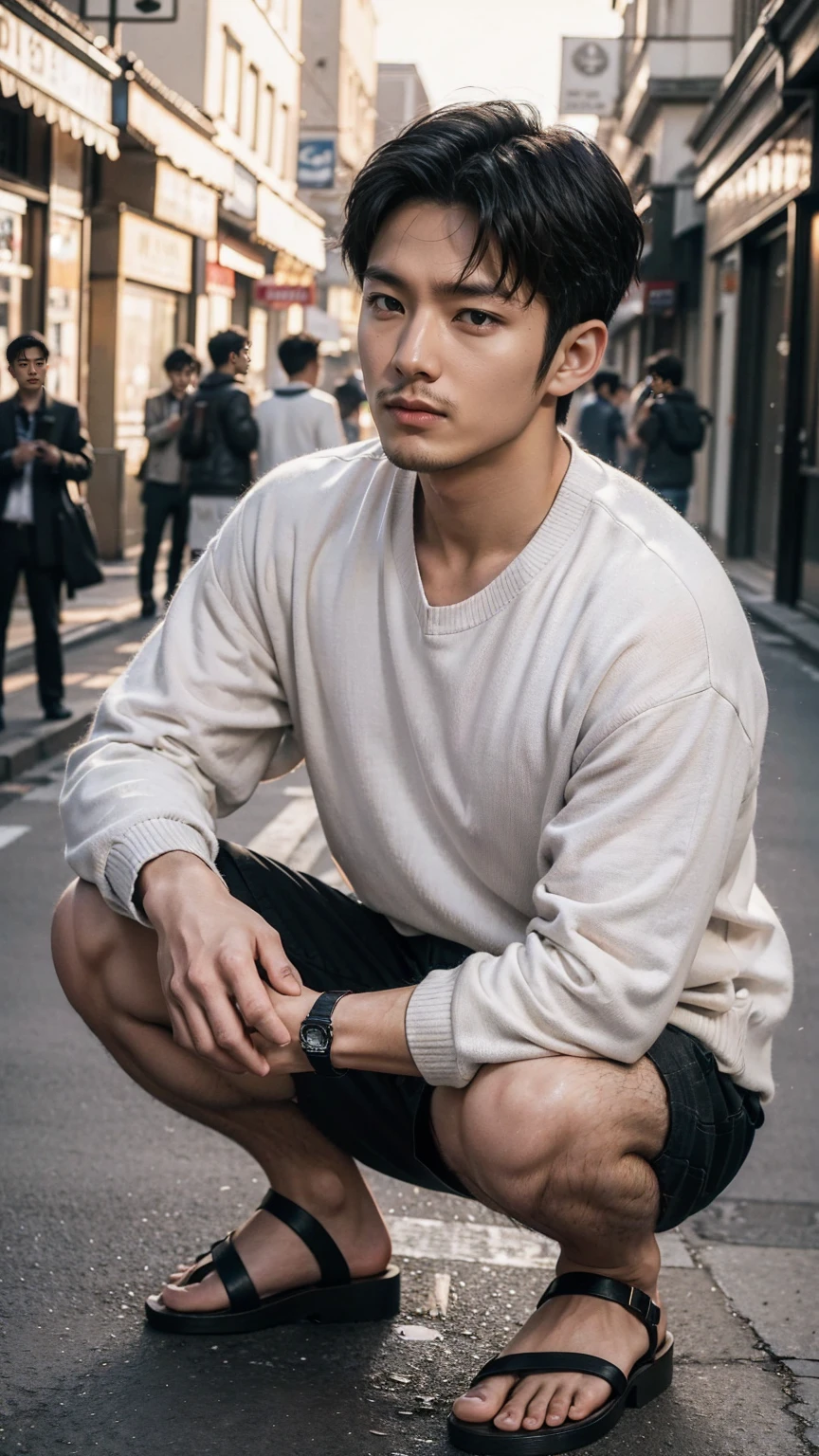 In this fascinating photo、A handsome 35-year-old Korean man with a beam、He is wearing a white shirt, a black cardigan, grey sweatshirts and black sandals.、 He was crouching on the edge of an outdoor street environment.., Colorful dust, Holi Festival, Bathed in the golden light of a beautiful day. With unparalleled attention to detail., This realistic portrait blends National Geographic style。., 8K resolution captures skin texture in fine detail. Leica digital SLR camera. His features were clearly visible., From deep-set eyes to a chiseled jawline., Make this image a true masterpiece..lift. (8K Ultra HD、Raw photo、Photorealistic Portraits Leica Digital SLR、Realistic images)