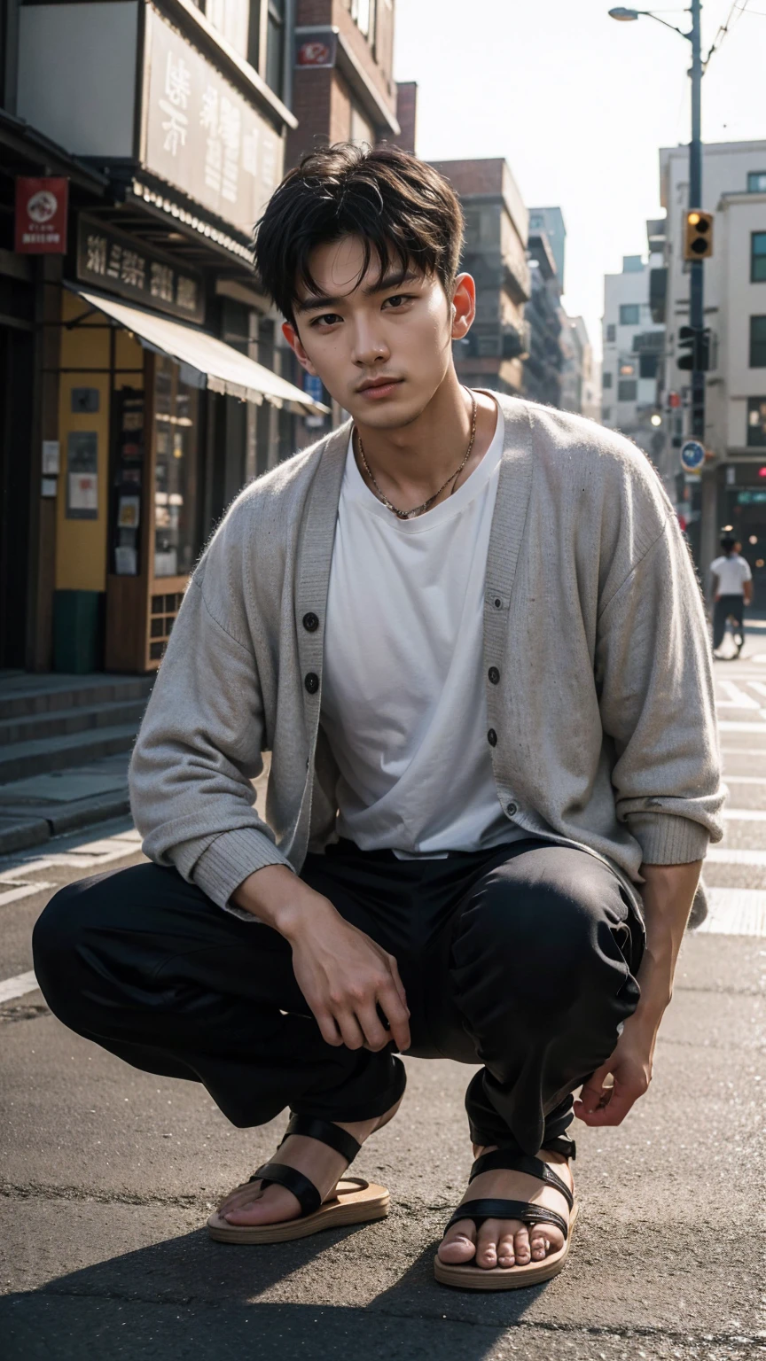 In this fascinating photo、A handsome 35-year-old Korean man with a beam、He is wearing a white shirt, a black cardigan, grey sweatshirts and black sandals.、 He was crouching on the edge of an outdoor street environment.., Colorful dust, Holi Festival, Bathed in the golden light of a beautiful day. With unparalleled attention to detail., This realistic portrait blends National Geographic style。., 8K resolution captures skin texture in fine detail. Leica digital SLR camera. His features were clearly visible., From deep-set eyes to a chiseled jawline., Make this image a true masterpiece..lift. (8K Ultra HD、Raw photo、Photorealistic Portraits Leica Digital SLR、Realistic images)