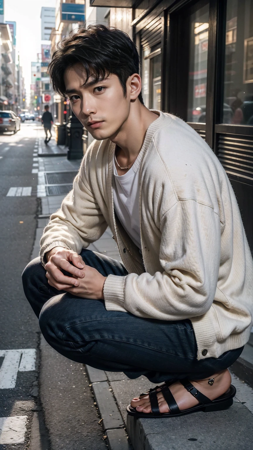 In this fascinating photo、A handsome 35-year-old Korean man with a beam、He is wearing a white shirt, a black cardigan, grey sweatshirts and black sandals.、 He was crouching on the edge of an outdoor street environment.., Colorful dust, Holi Festival, Bathed in the golden light of a beautiful day. With unparalleled attention to detail., This realistic portrait blends National Geographic style。., 8K resolution captures skin texture in fine detail. Leica digital SLR camera. His features were clearly visible., From deep-set eyes to a chiseled jawline., Make this image a true masterpiece..lift. (8K Ultra HD、Raw photo、Photorealistic Portraits Leica Digital SLR、Realistic images)