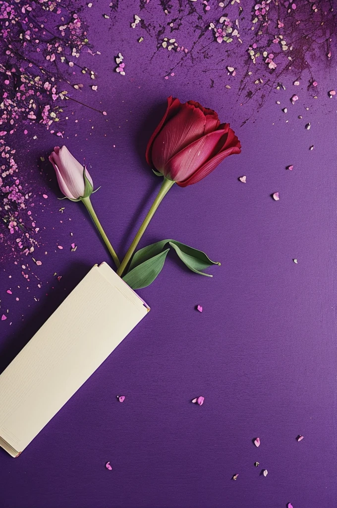 Cover of a novel, (book) where the cover stands out with paint stains, discos de vinil, flowers and melodies scattered on the cover the flowers are roses and tulips the paint stains are purple and lilac
