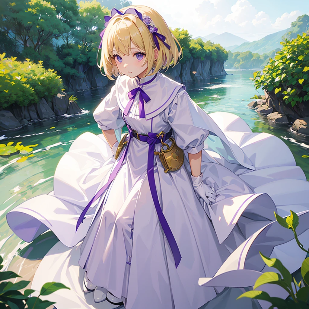 1 female、10 years old、、low length、Blonde、Bobcut、Small green ribbons on either side of the head、White smock、Leather belt at waist、White boots、((Purple collar、purple cloak))、White leather gloves、Hands on hips、