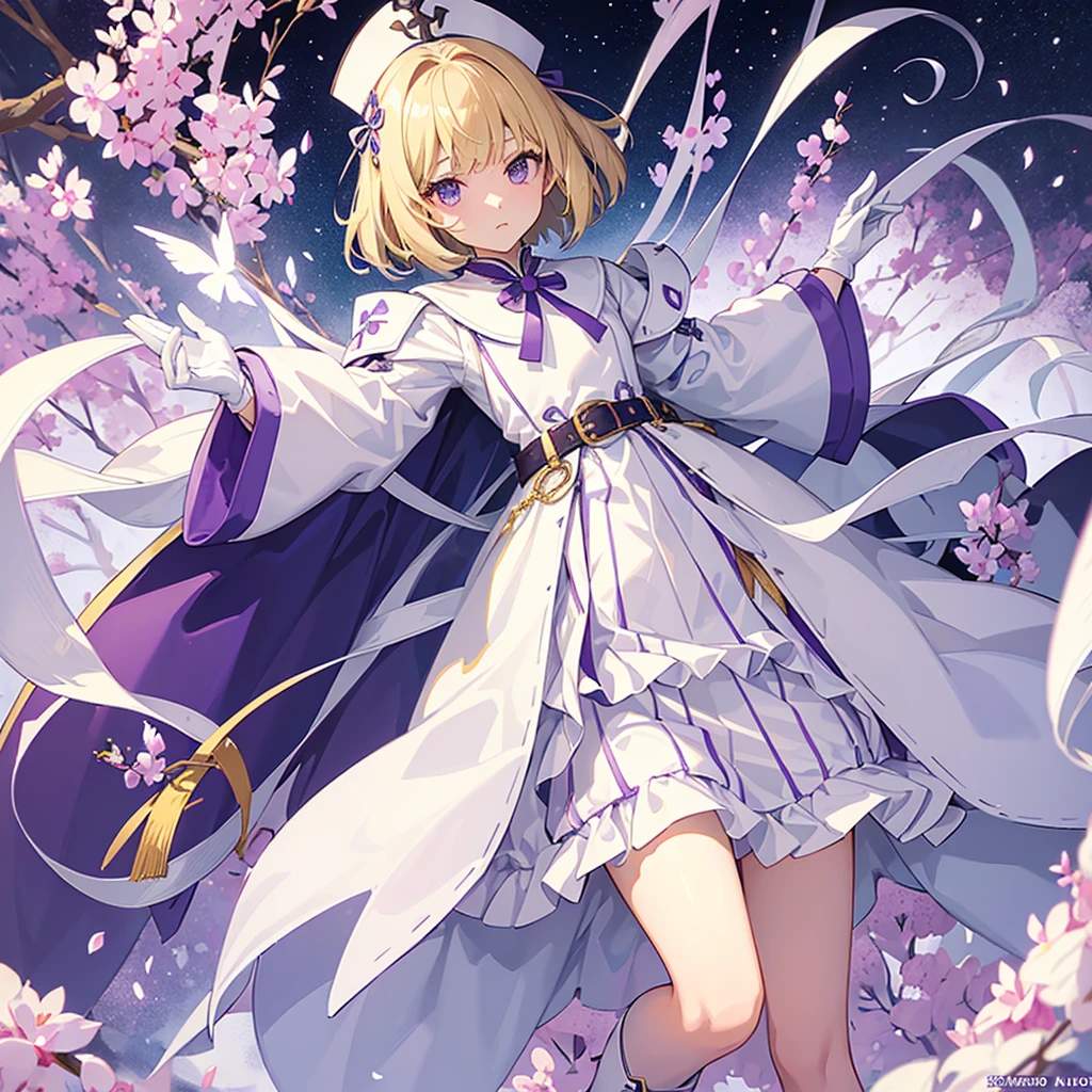 1 female、、、low length、Blonde、Bobcut、Small green ribbons on either side of the head、White smock、Leather belt at waist、White boots、((Purple collar、purple cloak))、White leather gloves、Hands on hips、