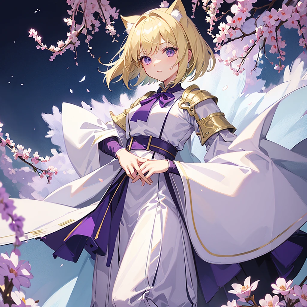 1 female、10 years old、、low length、Blonde、Bobcut、Small green ribbons on either side of the head、White smock、Leather belt at waist、White boots、((Purple collar、purple cloak))、White leather gloves、Hands on hips、