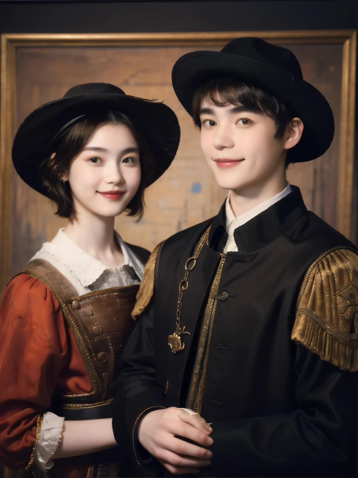 252 (An 18-year-old female and an 18-year-old male), (short hair),kind, lipstick, (Rembrandt-style painting), smile
