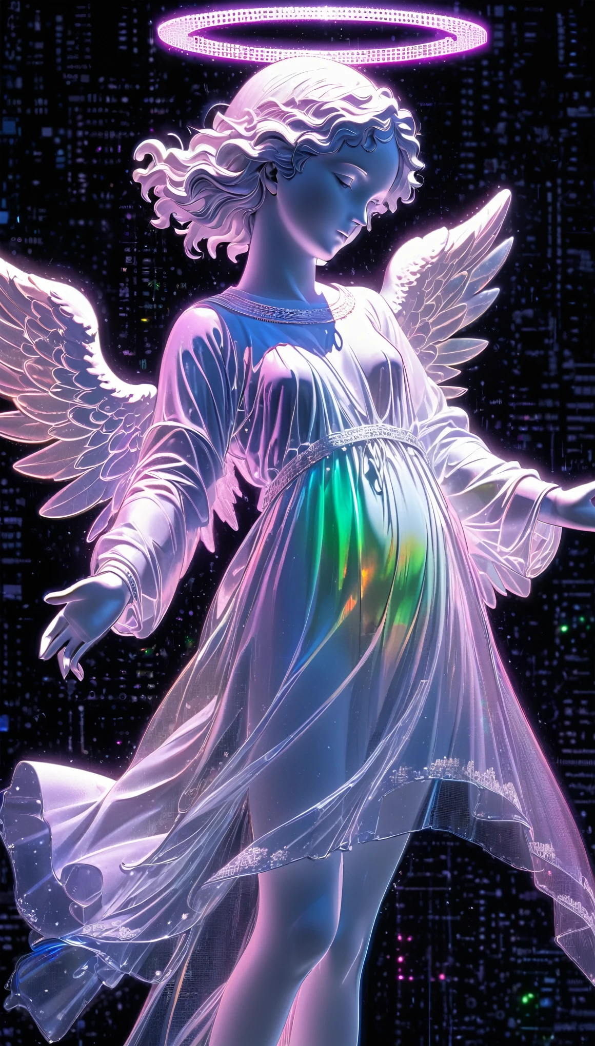 best quality, super fine, 16k, RAW photo, photorealistic, 2.5D, delicate and dynamic depiction, plaster statue of an angel, beautiful, cute, iridescent glitter effect scattered all over, neon light up, ascii_art, translucent, transparent