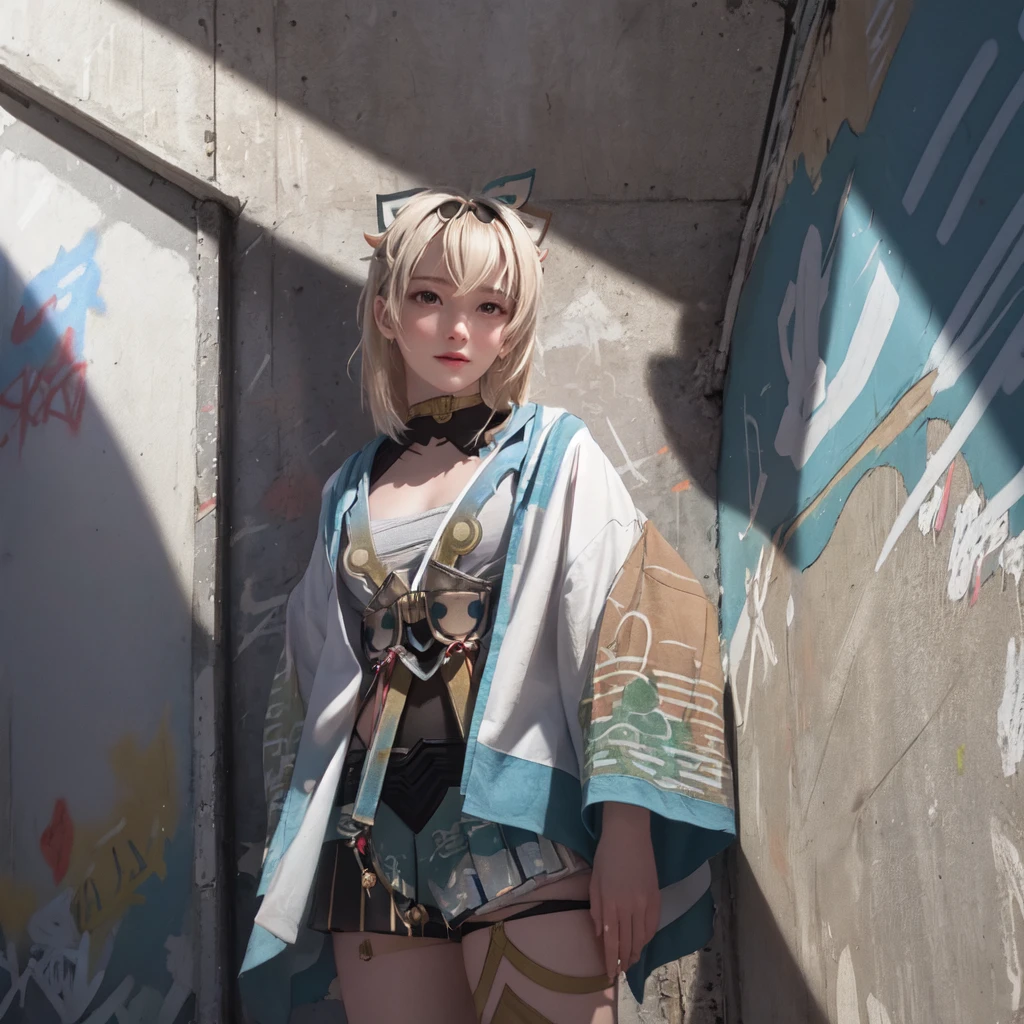 (best quality), masterpiece, Extremely detailed CG8K painting, high color, Extremely high color saturation, All colors are deepened, painting, graffiti art, central composition, Extremely detailed light and shadow, graffiti wall, The walls are painted bright colors, 1 girl graffiti 1 girl looking at the wall, The face and eyes are very detailed, medium length hair, sportswear, colorful clouds
