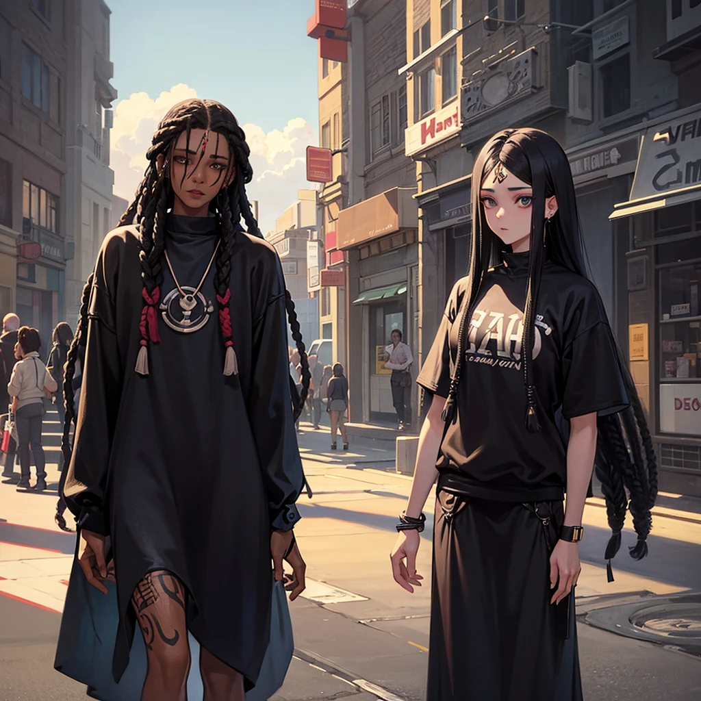 woman. mulatta. He has dreadlocks in his hair. has tattoos. He is wearing black clothes. futuristic scenery