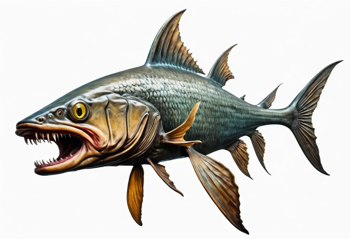 An ancient mutant dogfish,Faucet,Horns on the head,fear,Scary,Huge teeth,ferocious,side view,White background