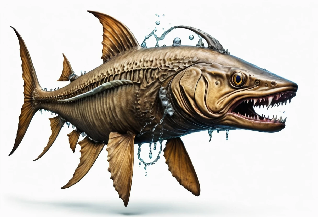 An ancient mutant dogfish，Faucet，Horns on the head，fear，Scary，Huge teeth，ferocious，side view，White background
