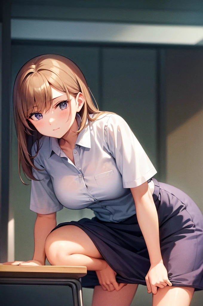 A neat and clean woman is rubbing her genitals on a desk