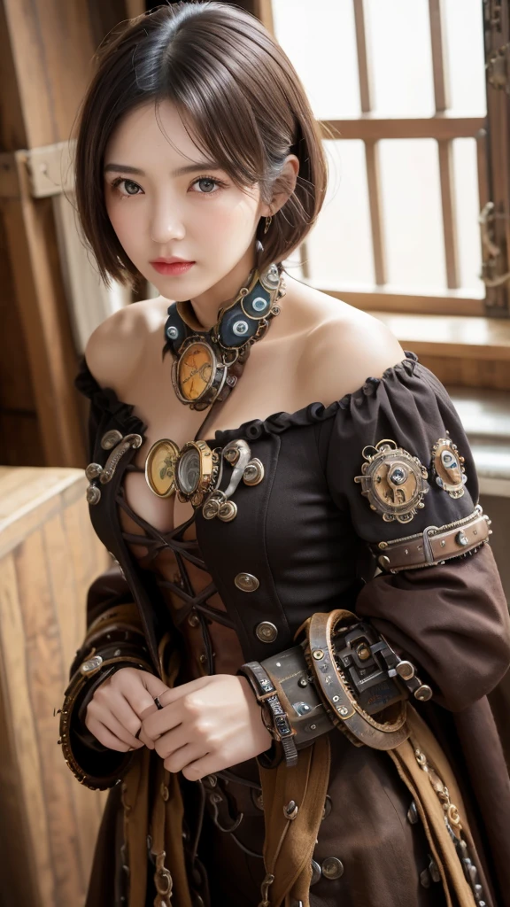 Photoreal、Masseter muscle part、highest quality、High resolution、RAW photo、realistic、bright lighting、face light、smooth professional lighting、solo、japanese woman、Half beauty、adult woman、Beautiful woman、modeled、super beautiful、realistic skin、realistic face、beautiful eyes、brown eyes、Inconspicuous tear bags、slim、medium big breasts、short hair、brunette colored hair、looking at camera、looks fun、cool beauty、camel toe、knitwear、off shoulder、underboof、leaning forward、The camera is from above、(wearing Steampunk Costumes:1.52)