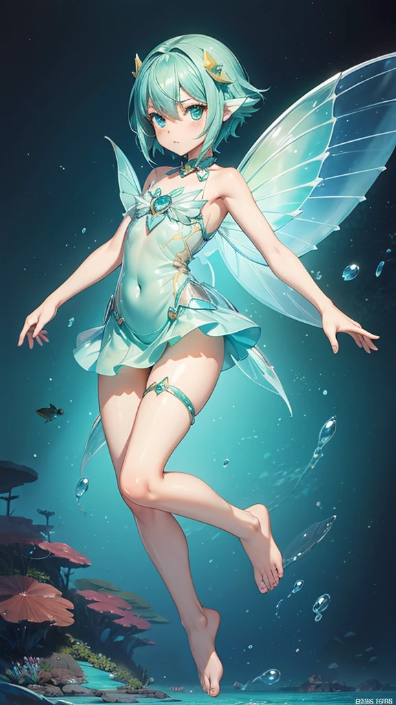 Flat-chested girl with short aqua hair,Transparent short dress,Murloc,web,Sea Fairy,The body has scales,briefs,Bare Legs,barefoot,deep sea
