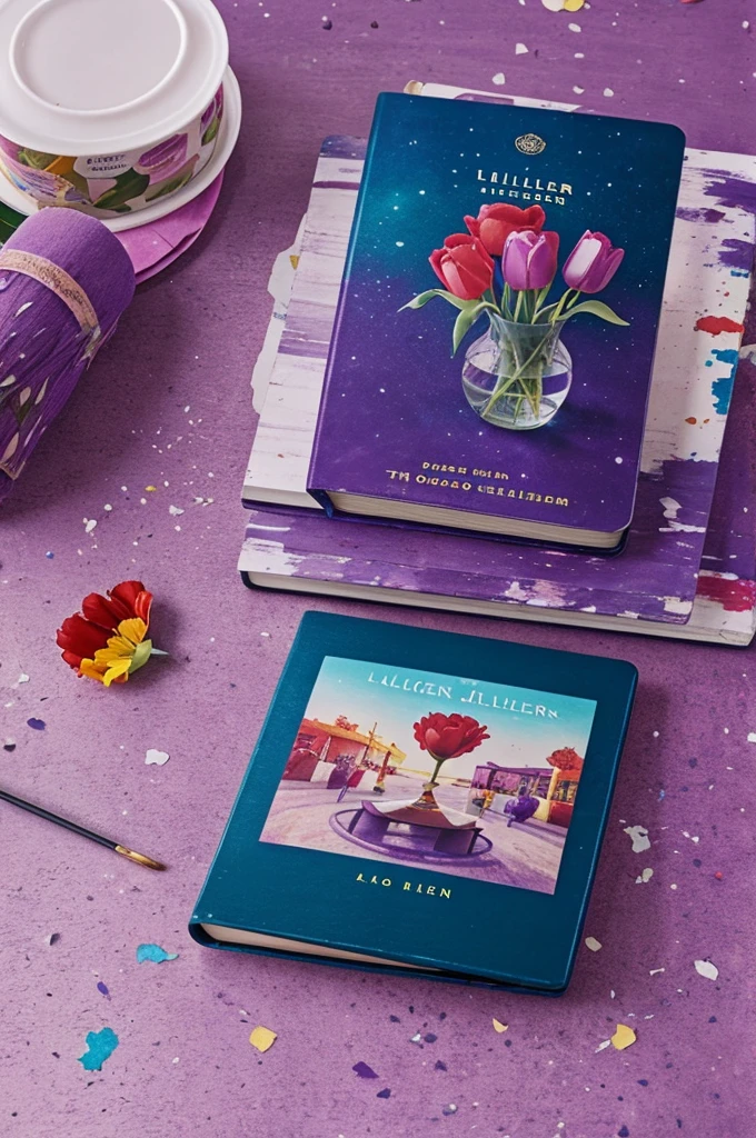 Cover of a novel, (book) where the cover stands out with paint stains, discos de vinil, flowers and melodies scattered on the cover the flowers are roses and tulips the paint stains are purple and lilac
