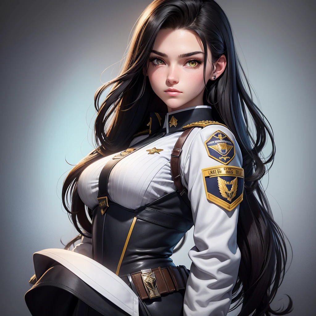 Heather Akron is a 18 years old girl cadet with dark hair.. His eyes are yellow color, and his gaze is sexy, she has a tall stature and a strong build due to his military training.. He usually wears tight military officer uniforms, with insignia and patches indicating their rank and affiliation.