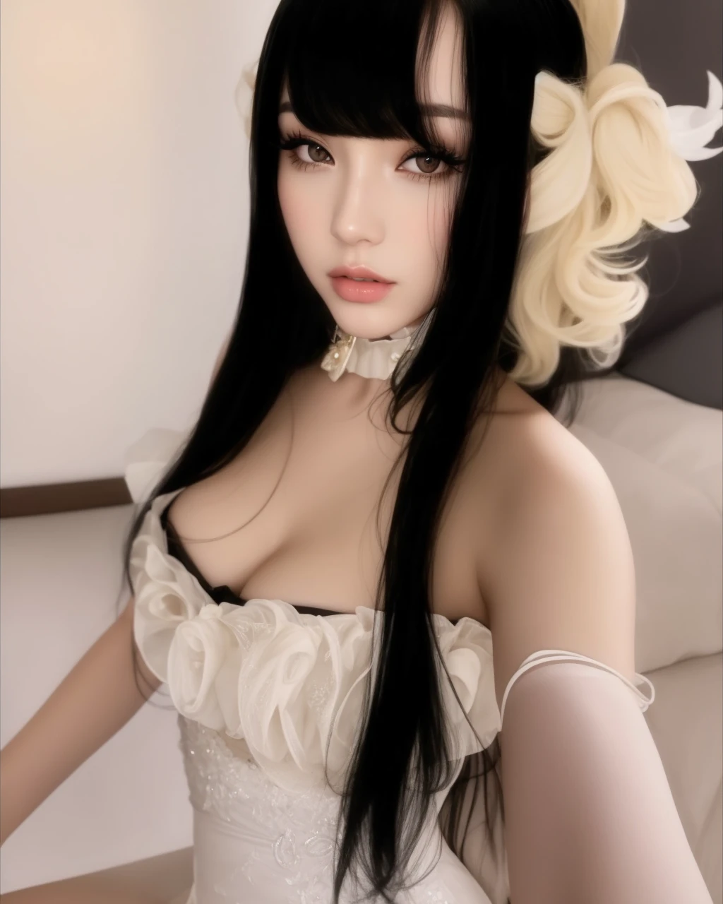 Blonde woman with long hair and black dress posing for a photo, ava max, ariana grande, alexa grace, Cl, Retrato de ariana grande, portrait of kim petras, blonde hair and large eyes, longos blonde hair and large eyes, with long blonde hair, jaw dropping beauty, taken in the early 2020s, jaw dropping beauty, headshot profile picture