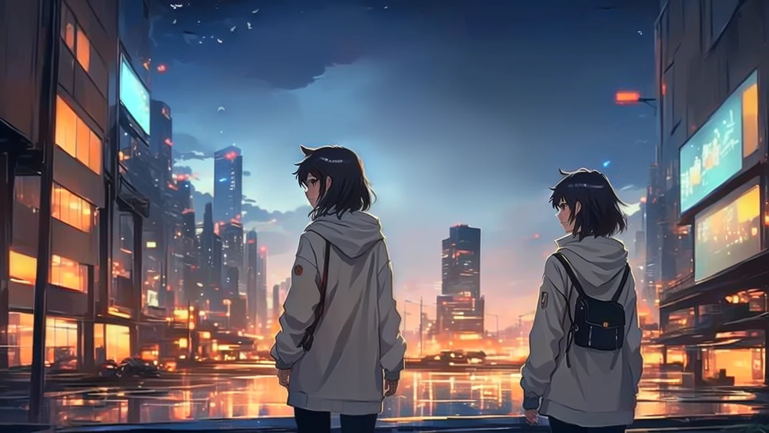 anime, Cat, city, girl, night, cityscape, cityscape, night cityscape, cityscape, cityscape, Cat, anime style cityscape, tokyo anime scene, Makoto Shinkai Cyril Rolland, Inspired by Makoto Shinkai, city in the background, Makoto Shinkai style, hd anime cityscape, In the style of Makoto Shinkai, Lo-fi art style