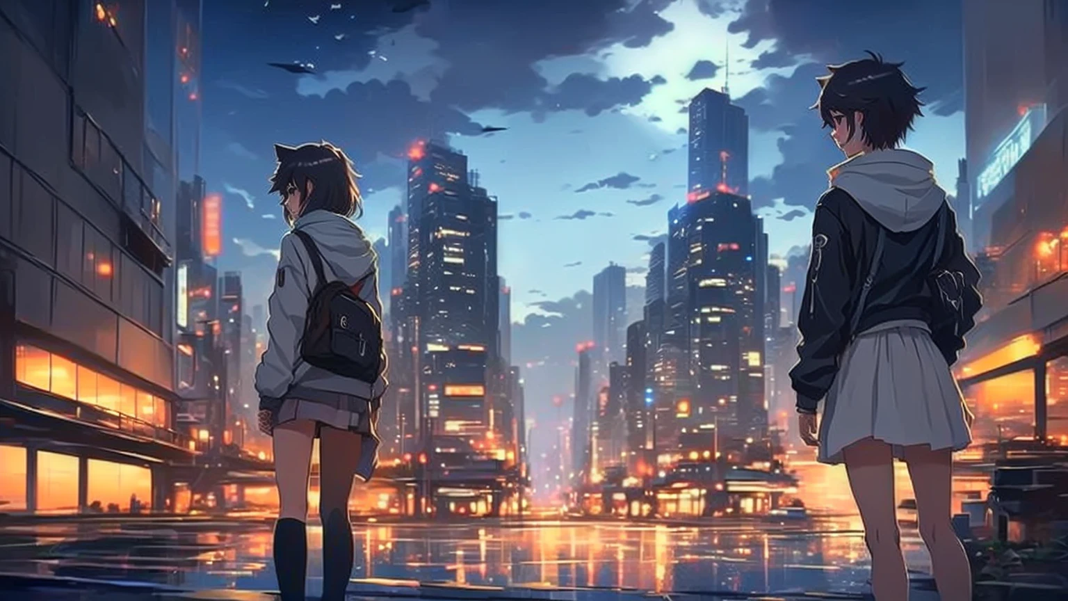 anime, Cat, city, girl, night, cityscape, cityscape, night cityscape, cityscape, cityscape, Cat, anime style cityscape, tokyo anime scene, Makoto Shinkai Cyril Rolland, Inspired by Makoto Shinkai, city in the background, Makoto Shinkai style, hd anime cityscape, In the style of Makoto Shinkai, Lo-fi art style
