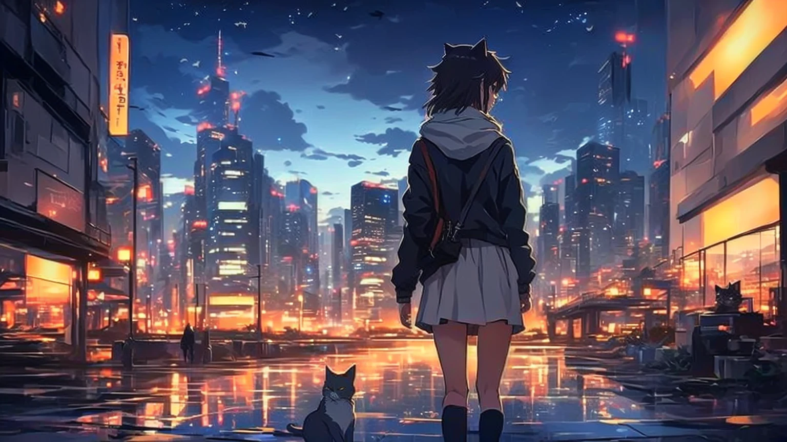 anime, Cat, city, girl, night, cityscape, cityscape, night cityscape, cityscape, cityscape, Cat, anime style cityscape, tokyo anime scene, Makoto Shinkai Cyril Rolland, Inspired by Makoto Shinkai, city in the background, Makoto Shinkai style, hd anime cityscape, In the style of Makoto Shinkai, Lo-fi art style