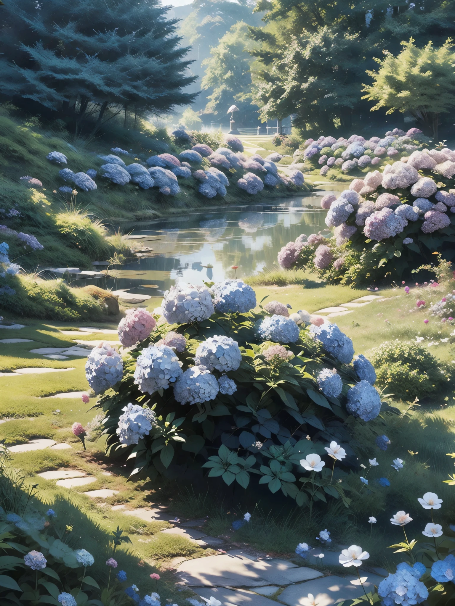 hydrangeas, Park, lake, small hill, pebble path,アニメ, work of art, best qualityer, anatomically correcte, High details, 8K, wall-paper