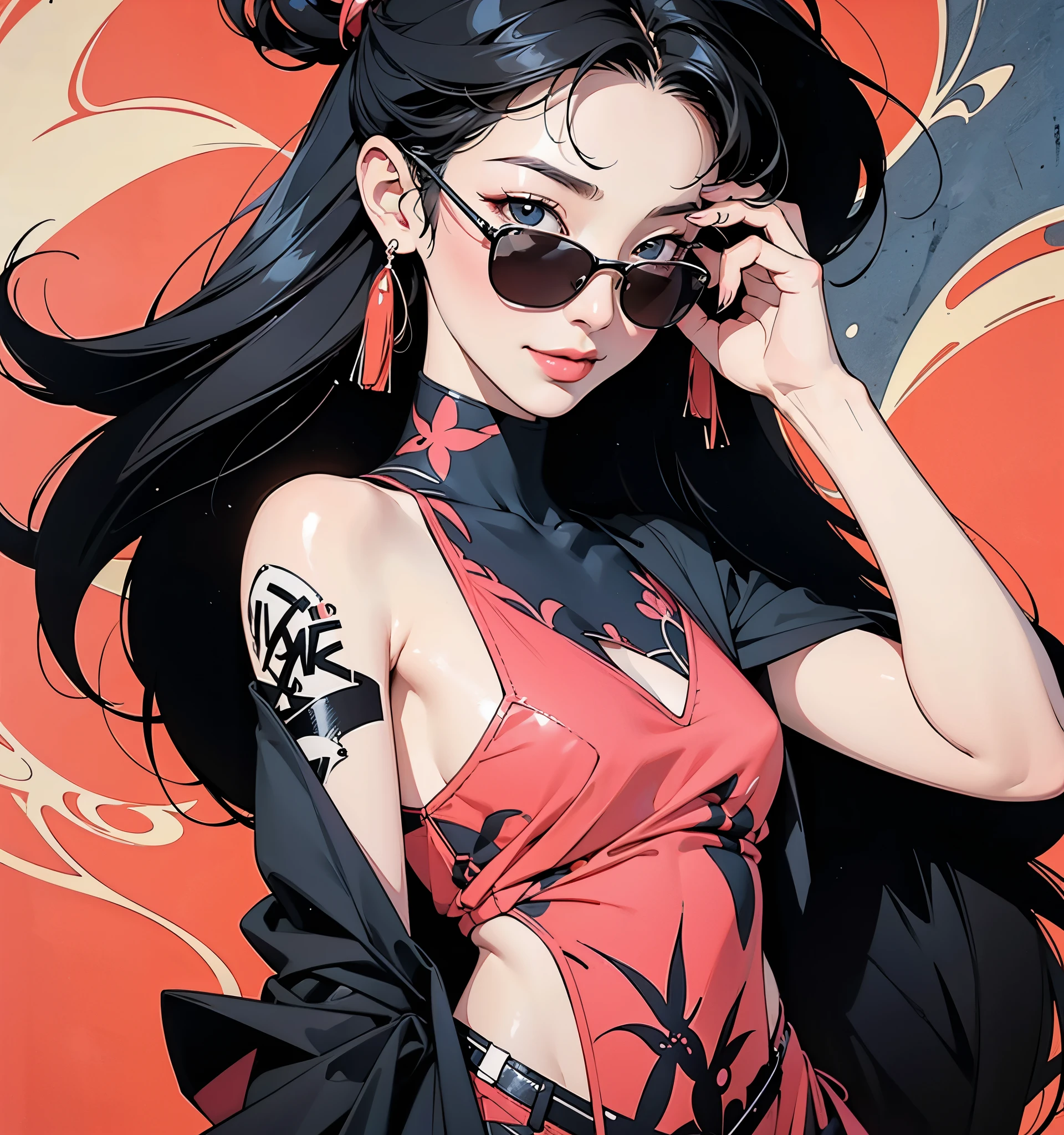 Flat Illustration artwork, ((Maggie cheung)) in a dress standing in front of simple background, up close, ((Art style by Patrick Nagel)), ((8k, wallpaper, detailed)), dark sunglasses, korean pop-star, big smile, black hair, pretty hands, fringe, simple red background, palm trees, (graffiti wall:1.2), strong, courageous, art by Patrick Nagel, music album art cover