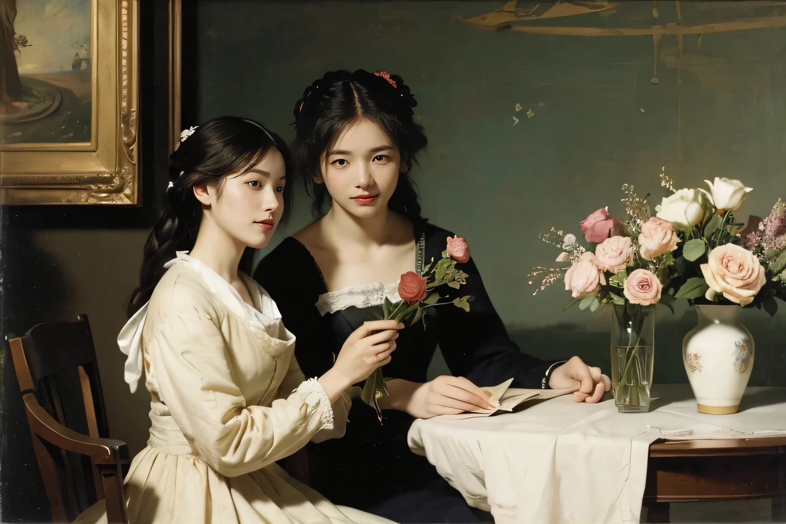 James Whistler painting style,Arguments of two female Philosophe,math、astronomical machine、astronaut、roses in vase、fruits、Cute trinkets、smile、ancient