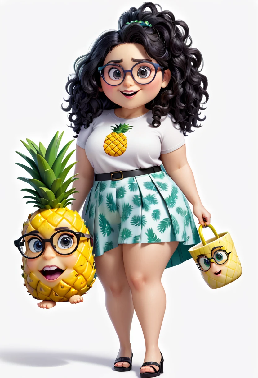 Inside Out 2, female, long curly black hair, short height and chubby black eyes with glasses, pineapple accessories and mug, cheerful, brunette color, white background, 3d