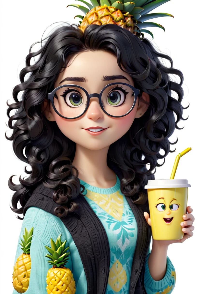 Inside Out 2, female, long curly black hair, short height and chubby black eyes with glasses, pineapple accessories and mug, cheerful, brunette color, white background, 3d
