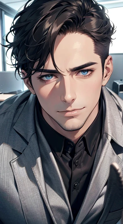 (best quality,4k,8k,highres,masterpiece:1.2),ultra-detailed,(realistic,photorealistic,photo-realistic:1.37),1 man,31 years old,mature man,very handsome,without expression,smile,short grey black hair,blue eyes,penetrating gaze,perfect face without errors,imposing posture,businessman,office background,cinematic lighting,hdr image