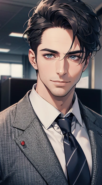 (best quality,4k,8k,highres,masterpiece:1.2),ultra-detailed,(realistic,photorealistic,photo-realistic:1.37),1 man,31 years old,mature man,very handsome,without expression,smile,short grey black hair,blue eyes,penetrating gaze,perfect face without errors,imposing posture,businessman,office background,cinematic lighting,hdr image