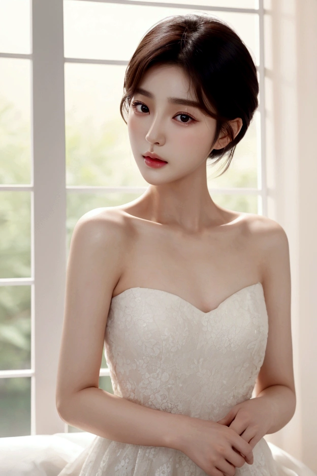 best quality, 4K,8K,realistic, realistic, very detailed, very delicate and beautiful, raw photo, Japanese and Korean beauties，korean beauty，(beautiful detailed eyes,beautiful and delicate lips, My eyebrows are thin and elegant.，A quiet and innocent face, Short hair, Looks like Jeon Ji-hyun, Looks like Son Ye-jin, white dress that covers shoulders