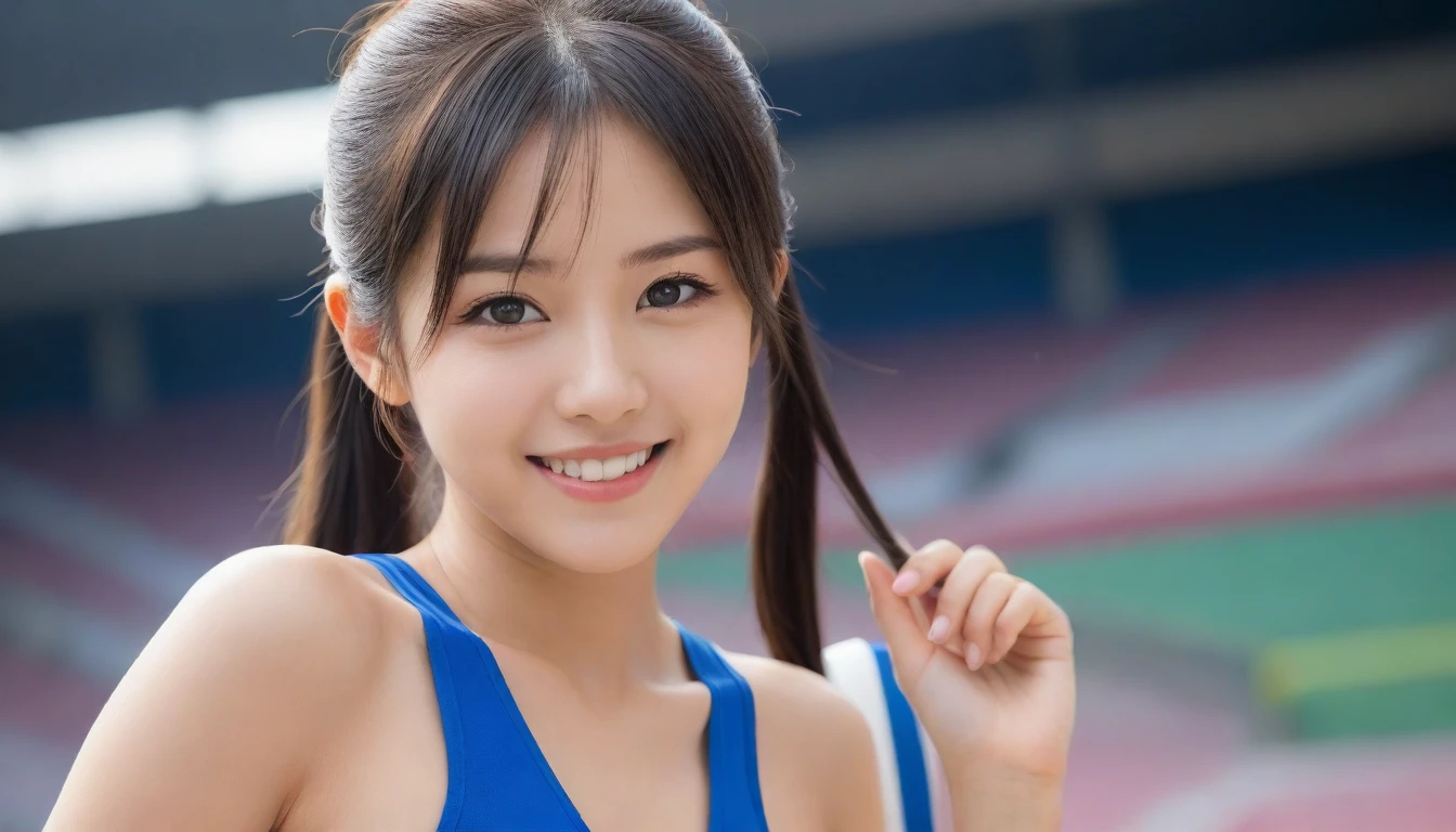 8K, Ultra-high resolution, Highest quality, masterpiece, 三分割法によるphotograph,Surreal, photograph, 1 Girl, (16 years old:1.3), pretty girl, Cute face, Beautiful eyes in every detail, 細かくdetailedに,masterpiece,, One Girl:1.2, Japan Female Announcer,whole body,Outdoor,Athletics Stadium,Sportswear,Beautiful leg line beauty,Refreshing sweat,Full of sex appeal,Sensual,A carefree smile,Heal the heart,Black Hair,ponytail,Looking at the audience、beauty,Long neck、Laugh a little、Please close your mouth and laugh、(((Ideal body type))),A cup small breasts :2,、Portraiture:2、Perfect Anatomy、鮮明なdetailed、detailed、Surreal、Light and shadow,Strong light
