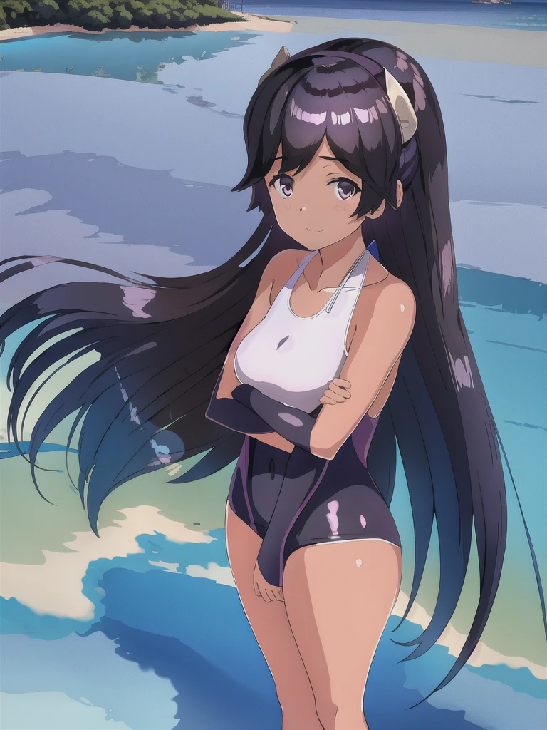 (masterpiece, best quality:1.2), 1girl, solo, i-400, shion, black hair,long hair, hair down, purple eyes, hairband horn, breast, competition swimsuit, highleg swimsuit, one-piece swimsuit, black one-piece swimsuit, shiny swimsuit, hydrasuit, outdoor, beach, smile, closed mouth, standing, cowboy shot, arms at side, sea,  ocean 