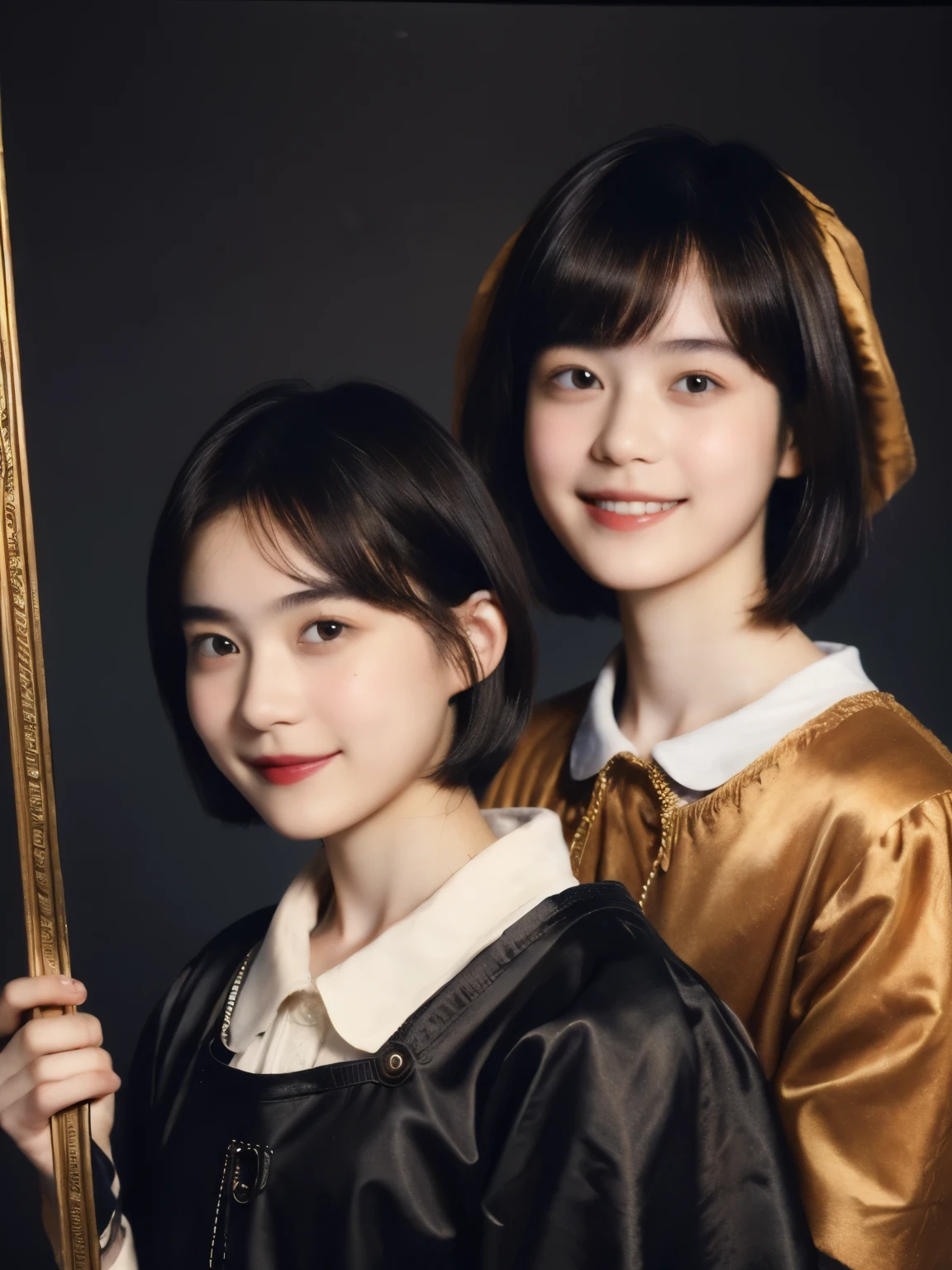 252 (An 18-year-old female and an 18-year-old male), (short hair),kind, lipstick, (Rembrandt-style painting), smile