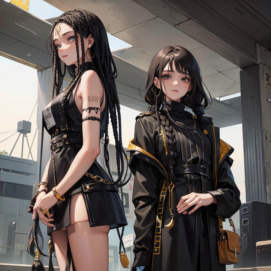 woman. mulatta. He has dreadlocks in his hair. has tattoos. He is wearing black clothes. futuristic scenery