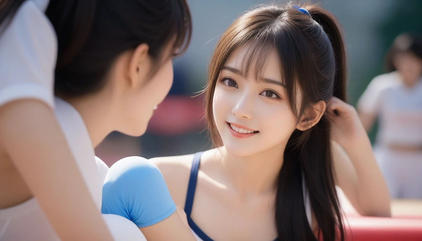 8K, Ultra-high resolution, Highest quality, masterpiece, 三分割法によるphotograph,Surreal, photograph, 1 Girl, (16 years old:1.3), pretty girl, Cute face, Beautiful eyes in every detail, 細かくdetailedに,masterpiece,, One Girl:1.2, Japan Female Announcer,whole body,Outdoor,Athletics Stadium,Sportswear,Beautiful leg line beauty,Refreshing sweat,Full of sex appeal,Sensual,A carefree smile,Heal the heart,Black Hair,ponytail,Looking at the audience、beauty,Long neck、Laugh a little、Please close your mouth and laugh、(((Ideal body type))),A cup small breasts :2,、Portraiture:2、Perfect Anatomy、鮮明なdetailed、detailed、Surreal、Light and shadow,Strong light