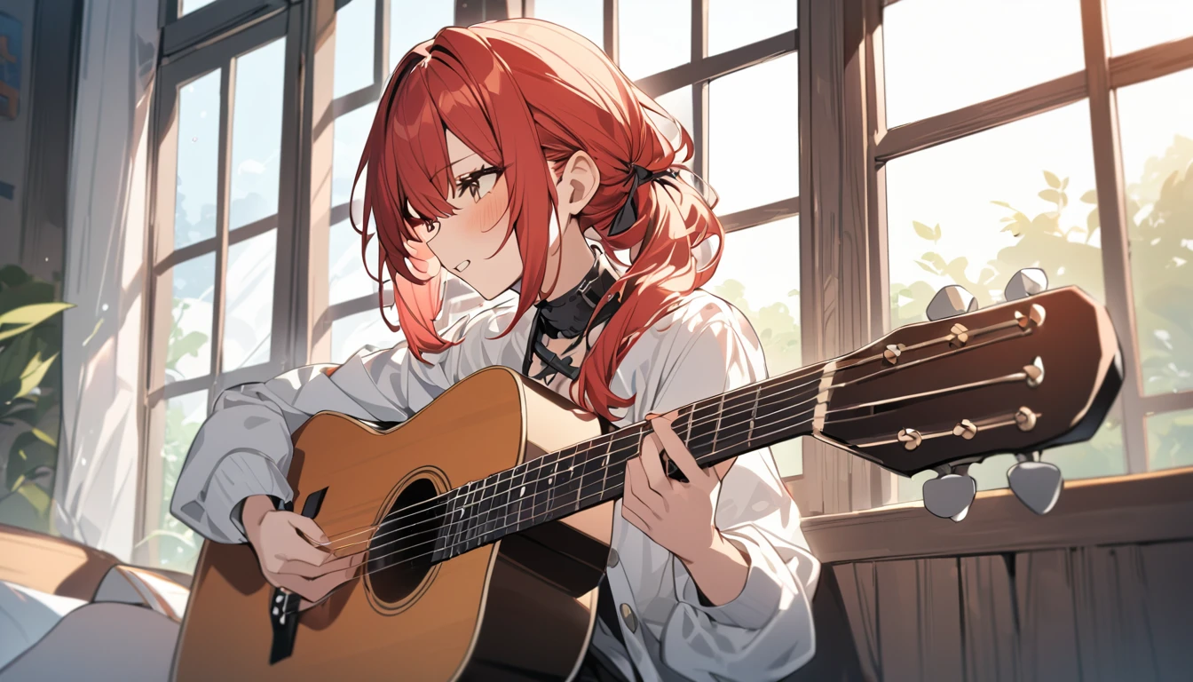 (Highest quality), One girl,Red hair,Playing Acoustic Guitar,In front of a large window,It's night outside and it's raining