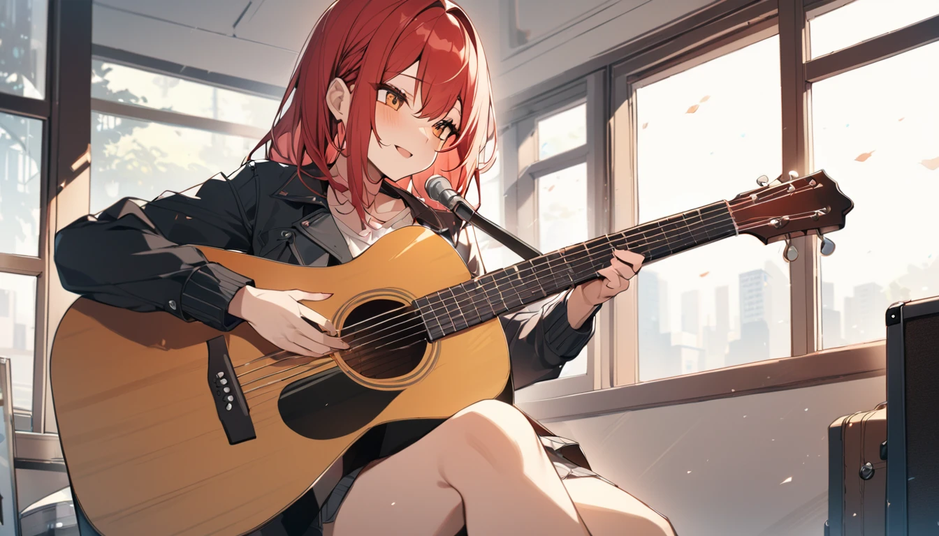 (Highest quality), One girl,Red hair,Playing Acoustic Guitar,In front of a large window,It&#39;s night outside and it&#39;s raining
