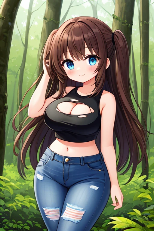 A Cute Girl, Lush Long Brown Hair, Beautiful Blue Eyes, Broad Hips, Big Breasts, (has a slim, but still very curvy figure), (Black Crop-Top), (Torn Jeans), in a forest,