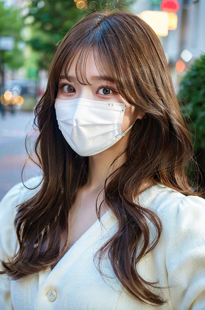 (masterpiece:1.5)、(Realistic:1.5)、(Highest quality:1.4、8K、RAW Photos)、 Ultra-high resolution、Professional Lighting、Perfect dynamic composition、Film Grain、chromatic aberration、(Bokeh:1.1)、 Frank、Sophisticated、charm、超Realistic、High detail、Golden Ratio、 girl)、繊細でcharmgirl、Cute Woman:1.4、 Light brown hair、Hairstyle: Long Hair、 Realistic looking skin、Beautiful Eyes、double eyelid、white mouth mask