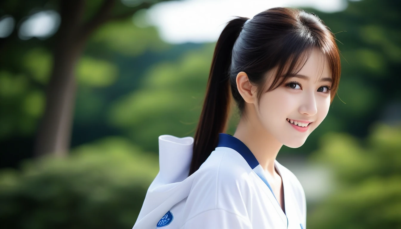 8K, Ultra-high resolution, Highest quality, masterpiece, 三分割法によるphotograph,Surreal, photograph, 1 Girl, (:1.3), pretty girl, Cute face, Beautiful eyes in every detail, 細かくdetailedに,masterpiece,, One Girl:1.2, Japan Female Announcer,whole body,Outdoor,Athletics Stadium,Sportswear,Beautiful leg line beauty,Refreshing sweat,Full of sex appeal,Sensual,A carefree smile,Heal the heart,Black Hair,ponytail,Looking at the audience、beauty,Long neck、Laugh a little、Please close your mouth and laugh、(((Ideal body type))),A cup small breasts :2,、Portraiture:2、Perfect Anatomy、鮮明なdetailed、detailed、Surreal、Light and shadow,Strong light