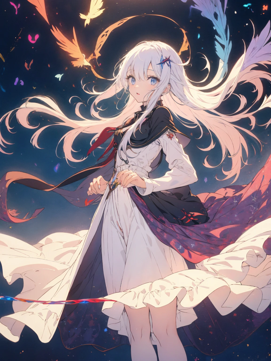 a pregirl，Colored eyes，Colored Hair，with light glowing，long hair that flies upwards，long  skirt，delicated，flowy，I was holding hands，Socking，dream magical，magia，Pale color background，tmasterpiece，best qualtiy