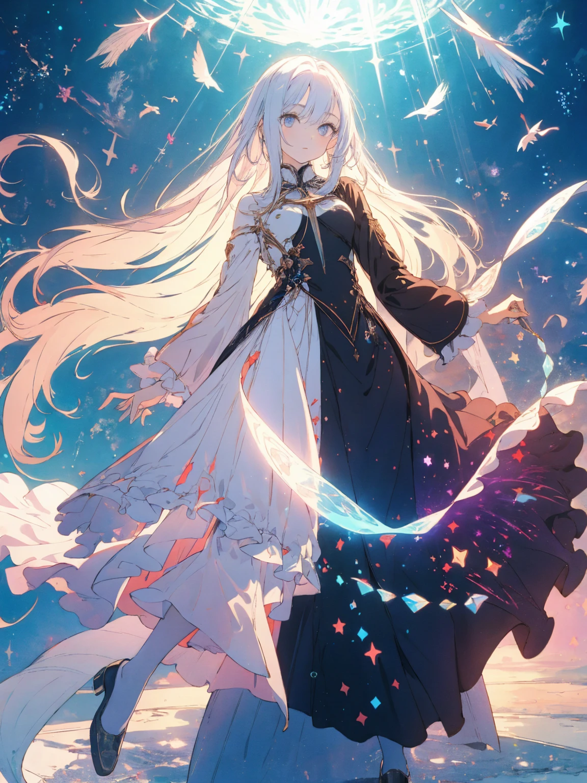 a pregirl,Colored eyes,Colored Hair,with light glowing,long hair that flies upwards,long skirt,delicated,flowy,I was holding hands,Socking,dream magical,magia,Pale color background,tmasterpiece,best qualtiy