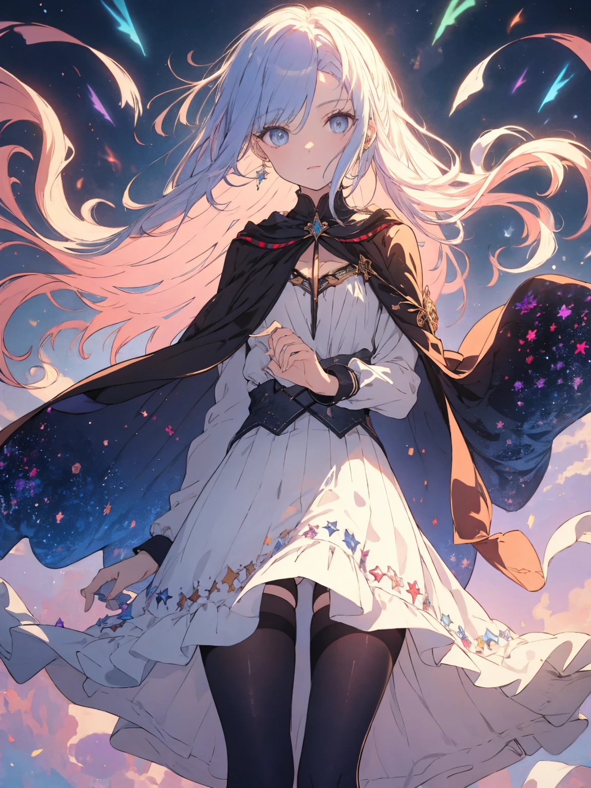 a pregirl，Colored eyes，Colored Hair，with light glowing，long hair that flies upwards，long  skirt，delicated，flowy，I was holding hands，Socking，dream magical，magia，Pale color background，tmasterpiece，best qualtiy