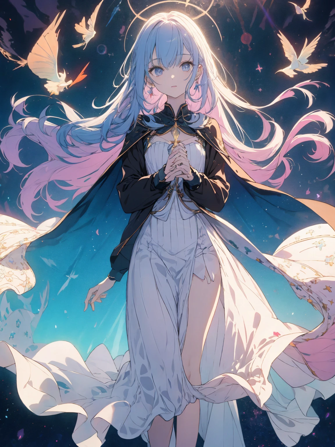 a pregirl，Colored eyes，Colored Hair，with light glowing，long hair that flies upwards，long  skirt，delicated，flowy，I was holding hands，Socking，dream magical，magia，Pale color background，tmasterpiece，best qualtiy