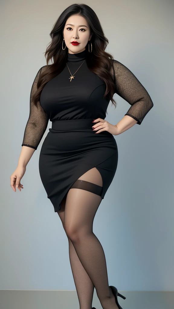outdoor,Scenes,Clothes color random, (No cleavage),thigh, cosmetic, (Lipstick: 1.1), (Eyeliner: 1.2), mascara, Eyeshadow,Outdoor sports, earrings, necklace, Black pantyhose, Wrinkles at the corners of the eyes, Oral wrinkles,High Neck Knit Bodycon Skirt,full-body shot,An Asian Japanese woman,65 years old,big eyes,elegant temperament elegant temperament,(masterpiece:1.2, best quality), Practical, (real picture,45 years old, Intricate details, Depth of Field,High neck clothes), careful, The content is very detailed, This is a perfect face, Perfect body, Large Model, Mature woman, High, Leg length,Black silk suspenders,8k,best quality, masterpiece, Ultra-high resolution,(lifelike:1.4), original photo, Stay focused, detailed, dramatic, Exquisite beautiful woman, (tall and straight:1.1),(Fat goddess desetallic high leg high collar dress mini skirt:1.0),(High collar fitted skirt),half butterfly earrings, double ring necklace, (:1.05), (65 years old, : 1.4), cosmetic, (Lipstick: 1.1), (Eyeliner: 1.2), mascara, Eyeshadow, Long curly hair, Dynamic Angle, (Red lips)Beautiful graphics, thigh long,Random Color Greasy Reflective Tights, Scenes,Fishnet socks,Red high heels