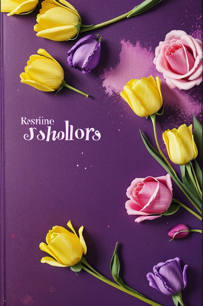 Cover of a novel, (book) where the cover stands out with paint stains, discos de vinil, flowers and melodies scattered on the cover the flowers are roses and tulips the paint stains are purple and lilac
