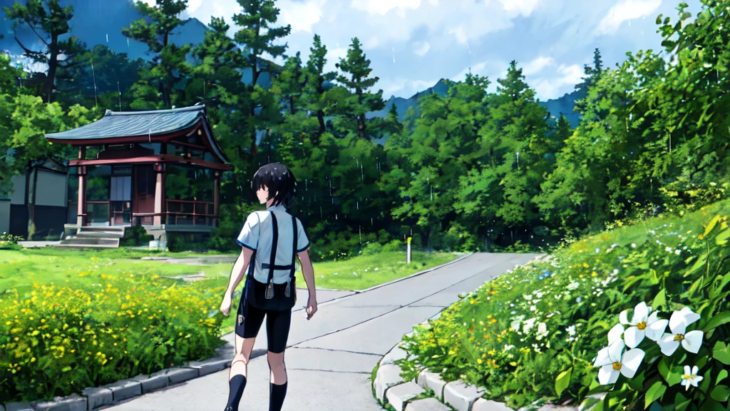 ((Highest quality)), ((masterpiece)), (detailed), Highest quality、High resolution、８K、Grey Sky、dim、male、male子学生、17 years old、soaked、bicycleを全力で漕いでいる、bicycleに乗っている、Very cloudy sky、Shower、Japan、Urban park、bicycle、White short sleeve shirt、Black trousers、bicycleに乗ったJapanの学生服を着たmale子学生の後ろ姿、Heavy downpour、Gardenia flowers、Slope、Japanのアニメのような画風、超High resolutionかわいい萌えアニメ8k