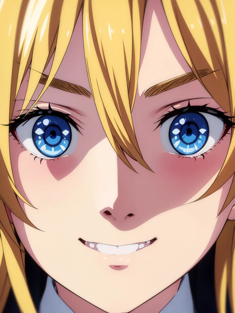 1 girl, Blue eyes, eyes close up, smile,blonde hair,blood,((Extreme Close Up of 1puppy)), look at the camera,