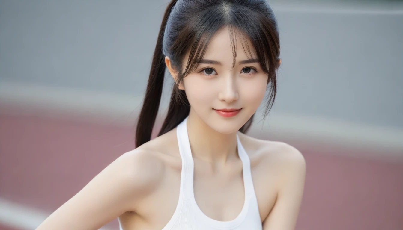 8K, Ultra-high resolution, Highest quality, masterpiece, 三分割法によるphotograph,Surreal, photograph, 1 Girl, (16 years old:1.3), pretty girl, Cute face, Beautiful eyes in every detail, 細かくdetailedに,masterpiece,, One Girl:1.2, Japan Female Announcer,whole body,Outdoor,Athletics Stadium,Sportswear,Beautiful leg line beauty,Refreshing sweat,Full of sex appeal,Sensual,A carefree smile,Heal the heart,Black Hair,ponytail,Looking at the audience、beauty,Long neck、Laugh a little、Please close your mouth and laugh、(((Ideal body type))),A cup small breasts :2,、Portraiture:2、Perfect Anatomy、鮮明なdetailed、detailed、Surreal、Light and shadow,Strong light