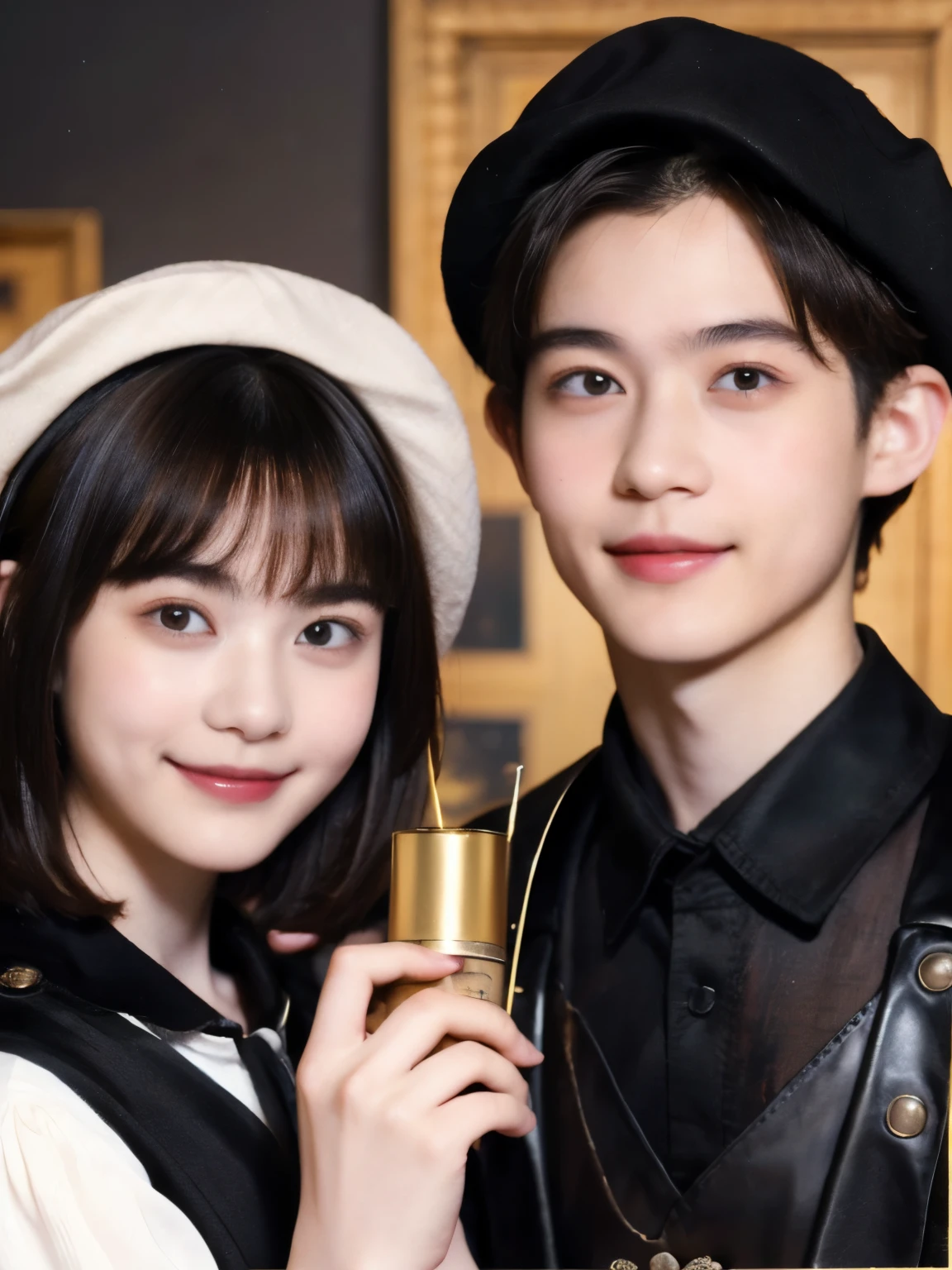 252 (An 18-year-old female and an 18-year-old male), (short hair),kind, lipstick, (Rembrandt-style painting), smile